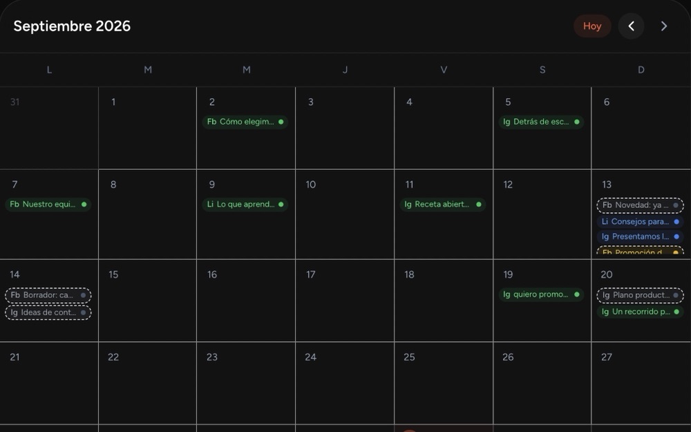 Calendario de publicaciones de un mes en Mika