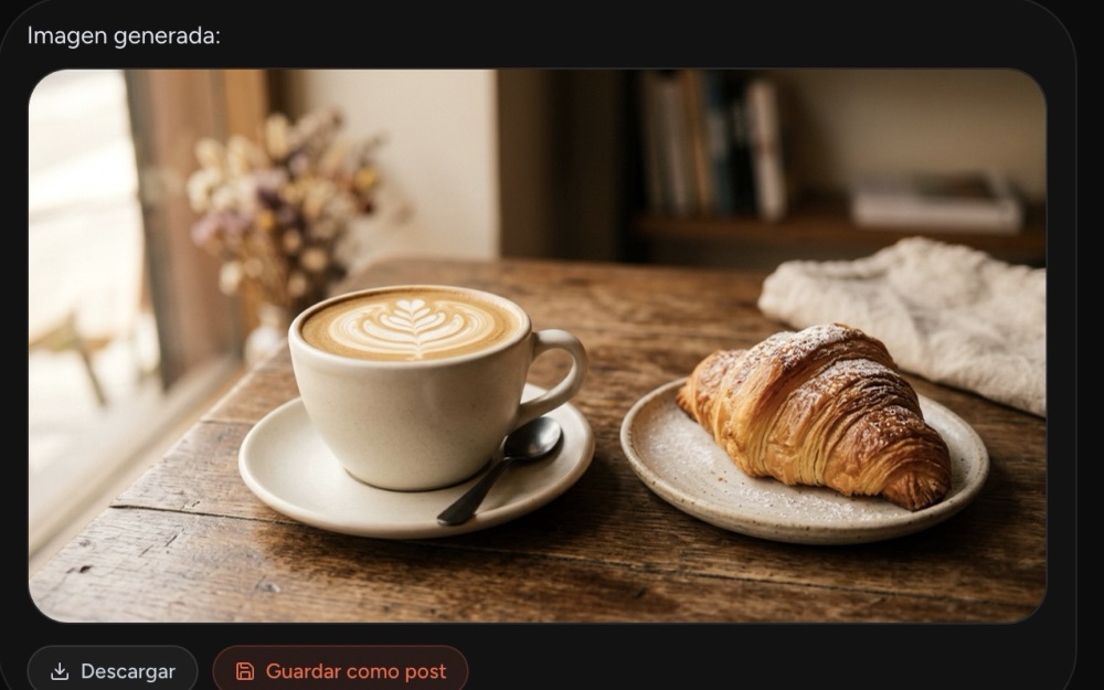 Foto de producto de un café con medialuna generada por Mika