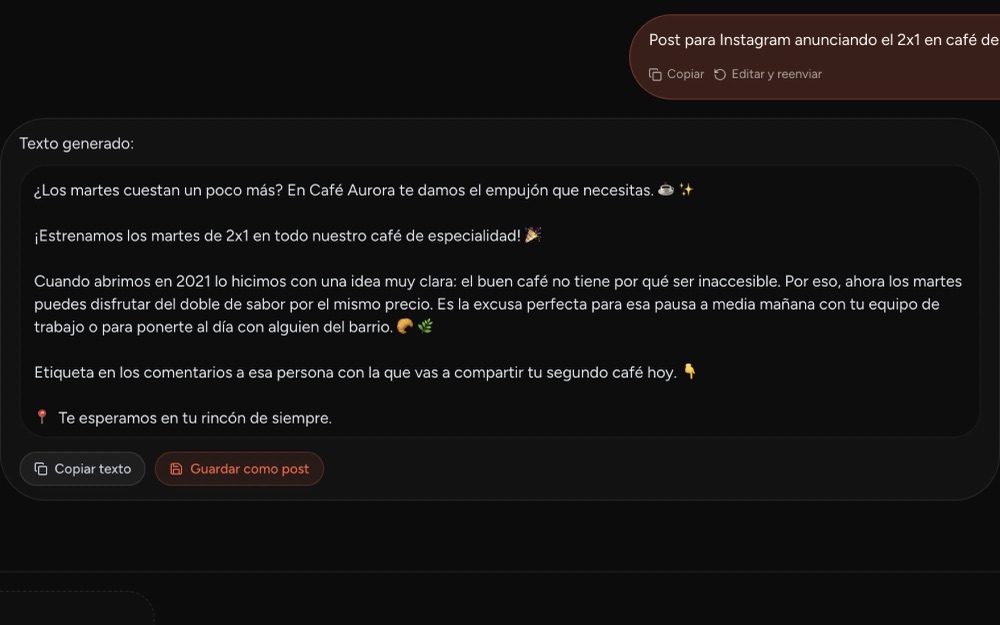 Caption para Instagram generado por Mika en el Creative Studio